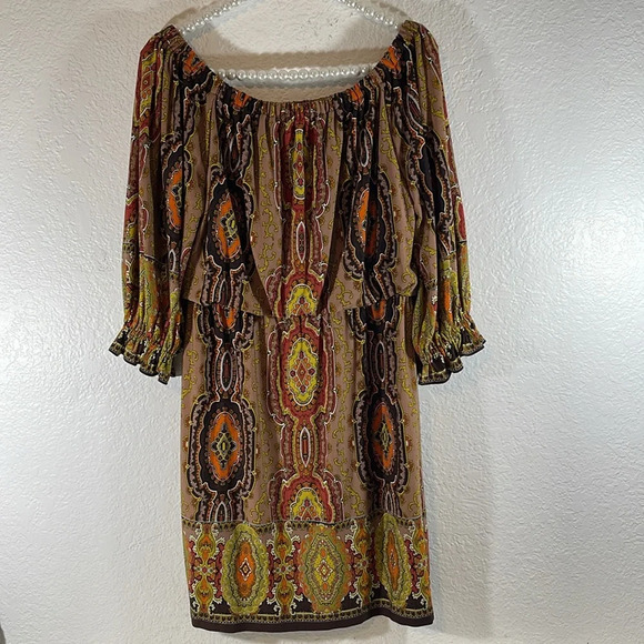 Boston Proper Muse Size 4 Brown Yellow Jersey Off The Shoulder Dress - Picture 5 of 10